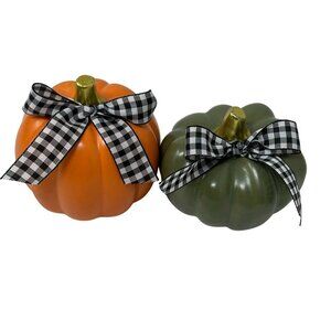 Farmhouse Fall Pumpkin Decor Set White Gray Green Buffalo Check Bow Autumn Decor